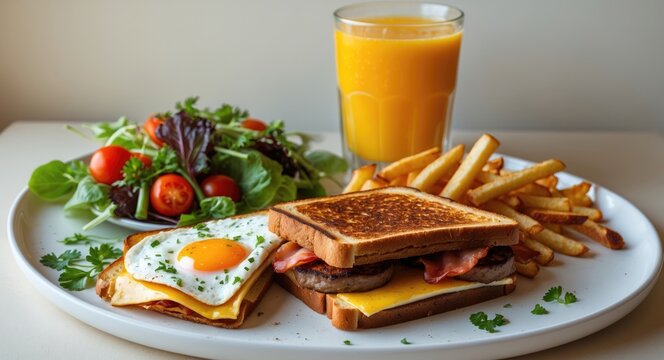 Cheese, egg, and sausage toast accompanied by salad and french fries on a white plate