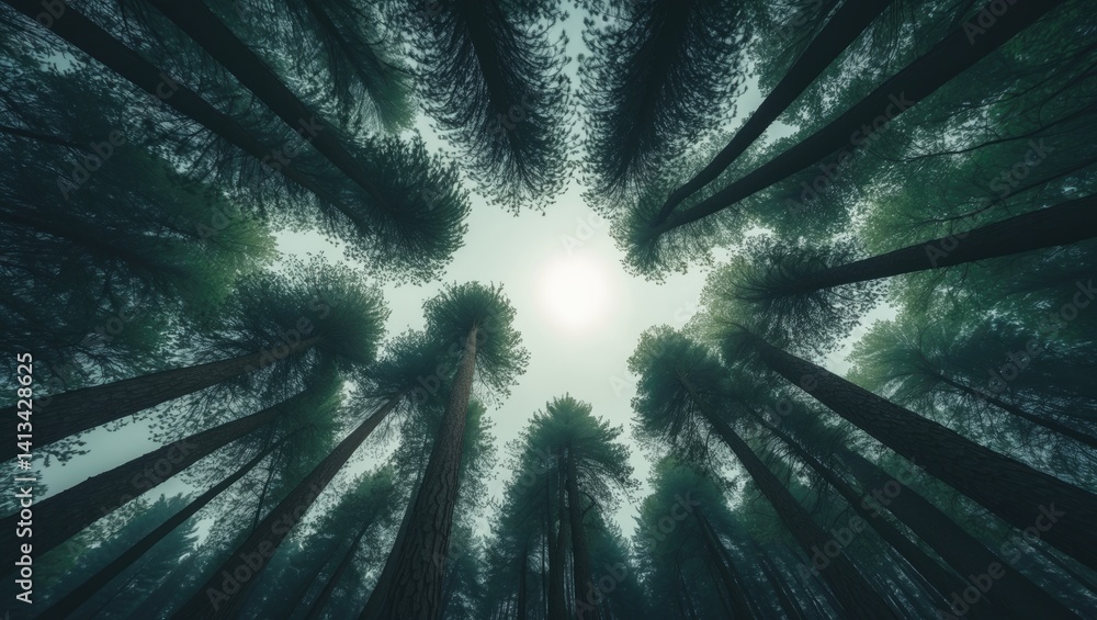 Aufkleber exploring the crowns and branches of pine trees in the forest from a ground perspective.