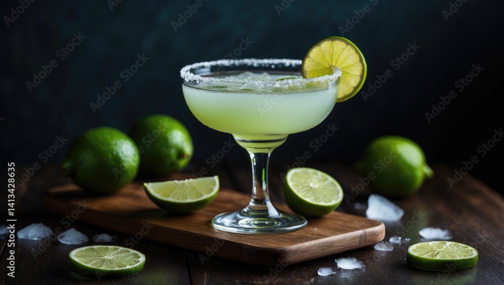 Poster margarita drink featuring lime and ice on a wooden surface with stunning backlighting, empty space.