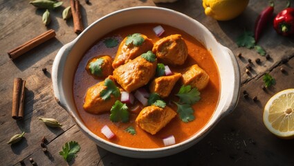 Authentic Indian meal chicken tikka masala. Butter chicken presented in a white bowl on a wooden tabletop. Close-up shot