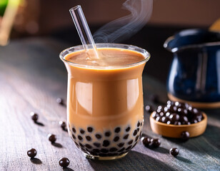 Steaming cups of Taiwanese Bubble Tea (boba milk tea) with tapioca pearls represent a globally popular and iconic beverage.