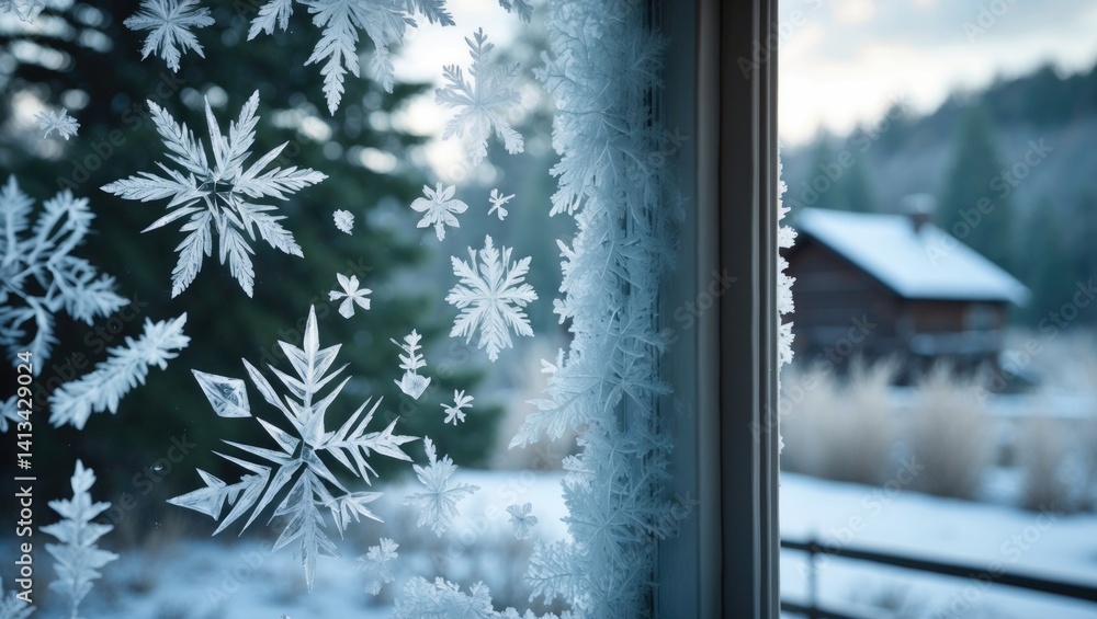 Poster Ice patterns on a window with a softened scenery in the backdrop. Exquisite ice crystals form detailed natural artistry, reflecting the allure of chilly weather and seasonal shifts.