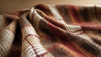 Zoomed-in shot of a soft wool plaid blanket showcasing warm earthy colors and a snug texture. Great for conveying themes of warmth, comfort, and home decor or lifestyle designs.