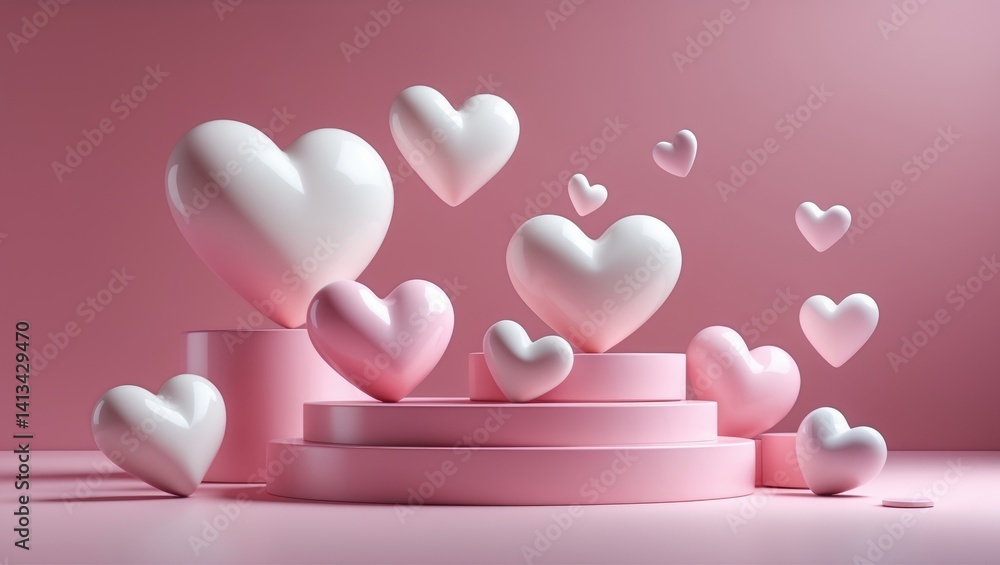 Poster Simple abstract setting featuring a podium and shapes against a pink backdrop.