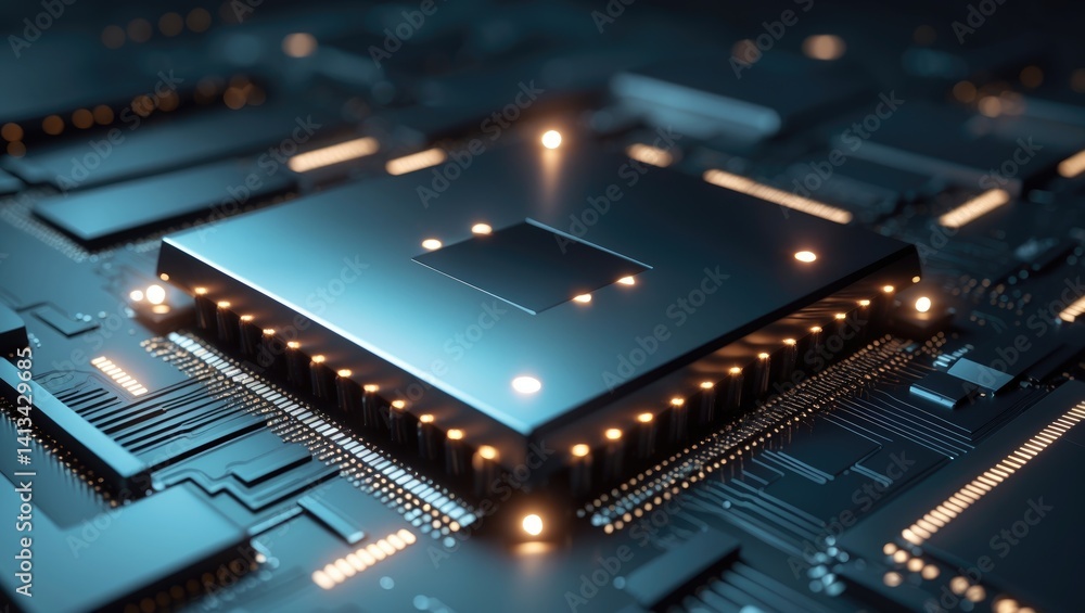 Poster isometric representation of modern computer processor chip