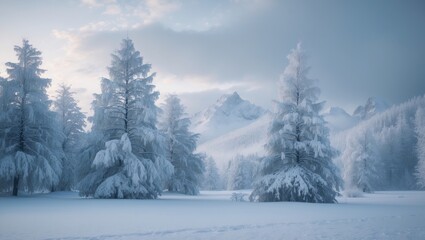 Fototapeta premium Frozen forests and snow-capped mountains in a magical winter landscape