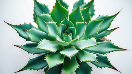 Aerial perspective of agave plant set against a background.