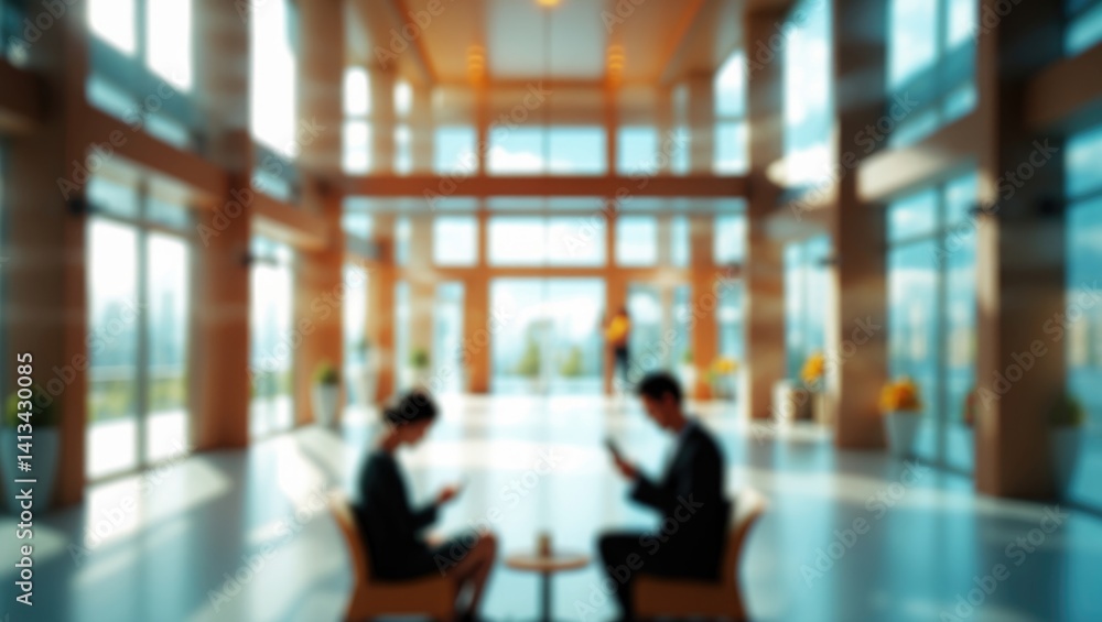Poster interior view of a hotel or office building lobby with a blurred background leading to the reception