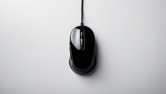 Top-down view of a black computer mouse isolated on a surface