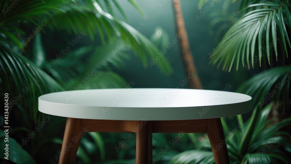 Poster table background with a jungle vibe. interior table displaying a cosmetic item surrounded by plants 