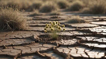 Drought: The ground is cracking due to evaporation, leading to the death of aquatic creatures and the drying up of vegetation.