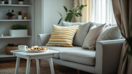Sparse design of a welcoming home interior with a plush sofa in airy tones