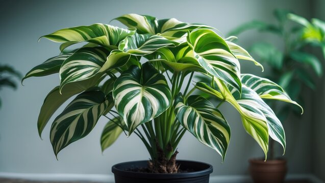 Attractive houseplants in pots, including ornamental aglonema flowers, elevate the home's atmosphere, offering a beautiful, tranquil, natural, and relaxing space for inhabitants, along with a source