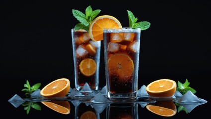 Fototapeta premium Libre drink or iced tea cocktail composed of strong spirits with mint, cola, and lemon on a black surface.