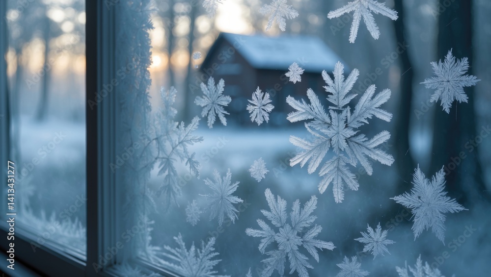 Aufkleber Frost designs on a window featuring a hazy landscape behind. Fragile ice formations produce elaborate natural art, showcasing the charm of winter and seasonal transitions.