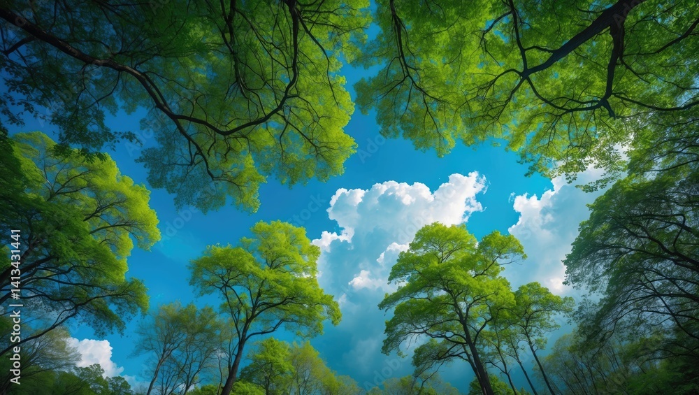 Poster gazing up at the tree canopy in a spring forest under a bright sunny sky with fluffy white clouds.
