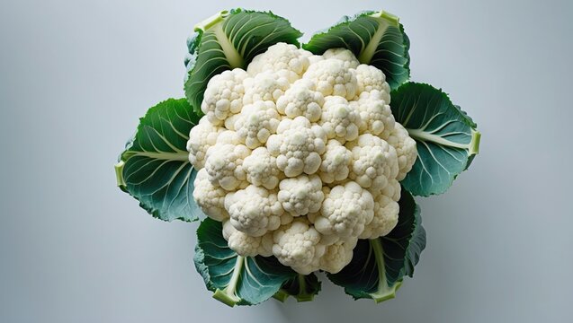 Top view of an entire fresh cauliflower isolated on white