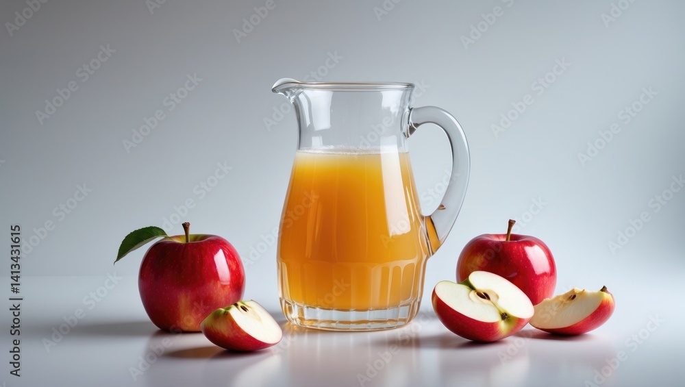 Poster container of delicious apple juice in the backdrop