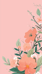Pink floral background with orange and white flowers on soft pink surface flat vector illustration