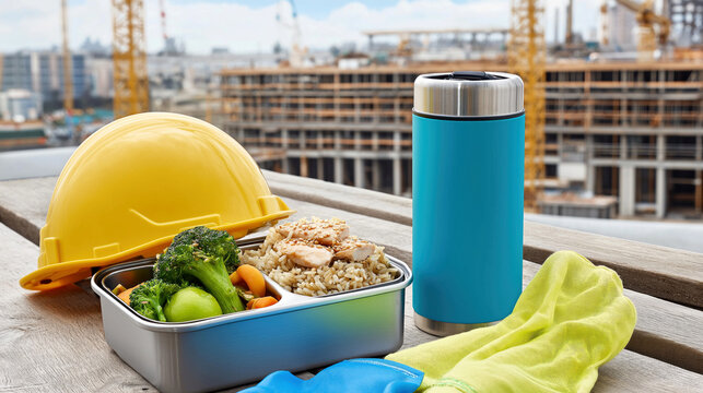 Construction site meal with hard hat and thermos overlooking building project