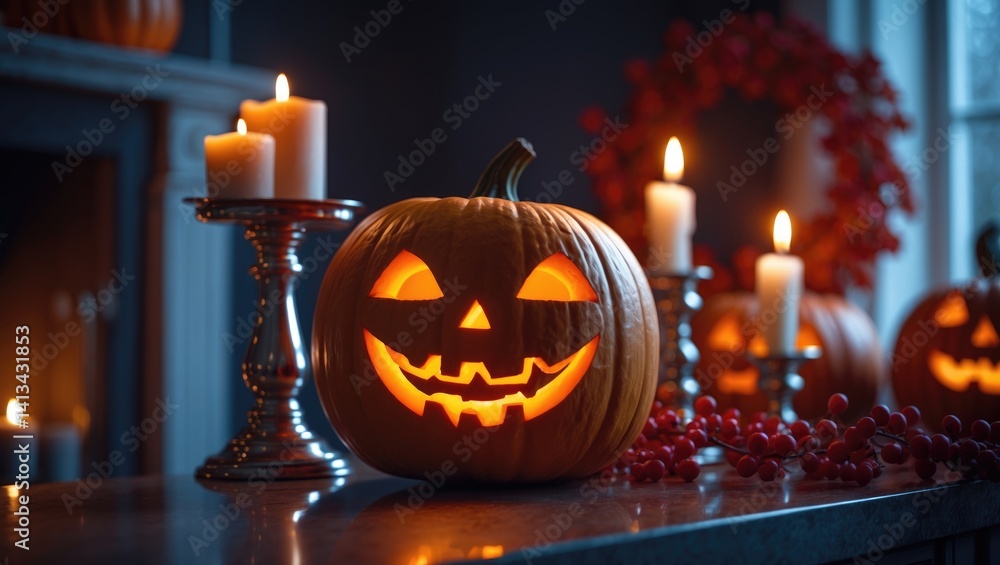Poster funny glowing pumpkin surrounded by a red berry wreath in a dark setting