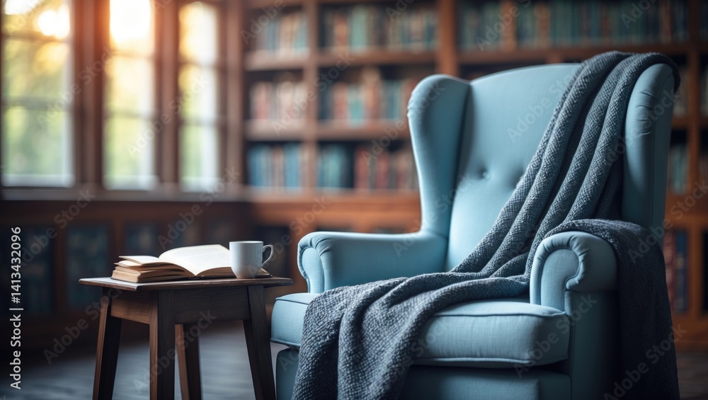 Poster fuzzy background of a warm reading space showcasing a comfy armchair amidst bookshelves, perfect for
