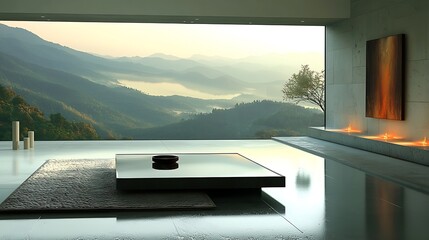 Modern Zen-inspired living room with panoramic mountain views.  