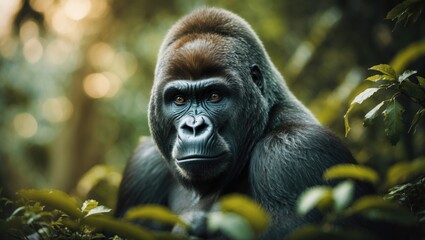 Obraz premium Mountain gorilla in its natural habitat. Rare and endangered species up close. Large and captivating animal.