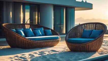 Fototapeta premium Setting Sun Over Wicker Daybed and Lounge Chairs on Deck