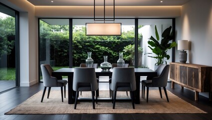 Fototapeta premium Stylish upscale dining room highlights a black dining table adorned with a rectangular chandelier and gray velvet dining chairs set over a sisal rug, finished with a rustic console table.