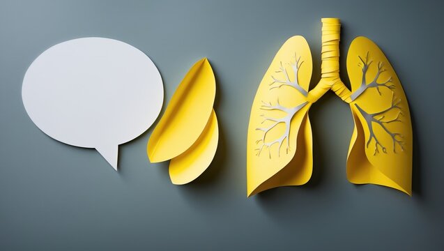 Gray background featuring lungs crafted from yellow paper and an empty speech bubble.