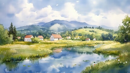 Fototapeta premium Watercolor Ukrainian Countryside Landscape with Rolling Green Hills, White Houses, and a Serene River Reflection