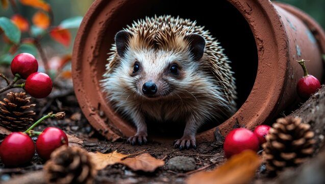 Detailed view of a wild hedgehog in Autumn, turned left in a clay drainage pipe with red rosehips and pine cones. Copy space included.