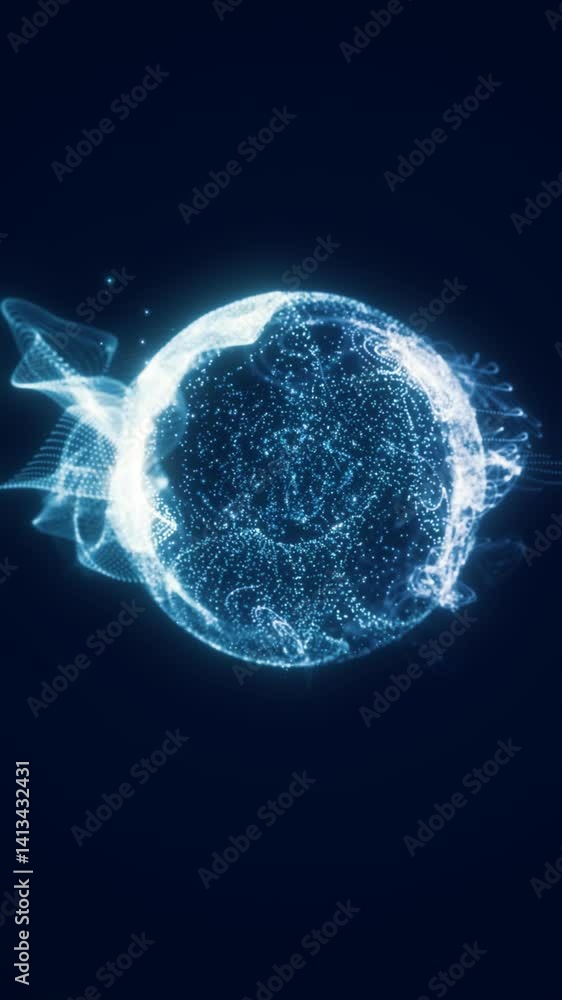 Poster high-tech glowing sphere with blue digital particles forming complex structures in a virtual space e