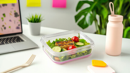 Healthy salad lunch on office desk with laptop water bottle and sticky notes