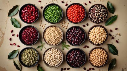 Diverse Legumes Collection, Top View on Surface. Lentils, Soybeans, Chickpeas, Red Kidney Beans, Black-Eyed Peas, Multiple Pulses.