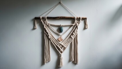Obraz premium White background showcasing macrame wall hanging design as fiber art decoration. Handcrafted using a knotting technique with cotton rope knots complemented by wood and glass elements.