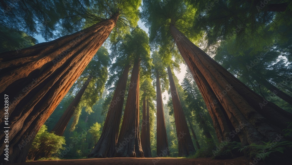 Poster gazing upwards from the base of a sequoia tree