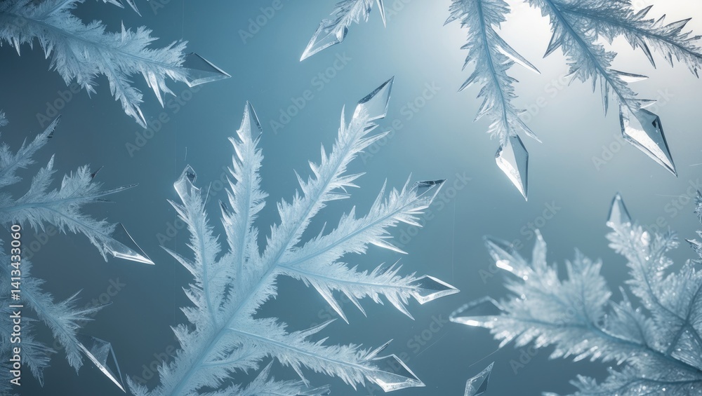 Poster Close-up shot of detailed frost crystals creating distinctive designs on glass. Ideal for artistic themes and design projects.