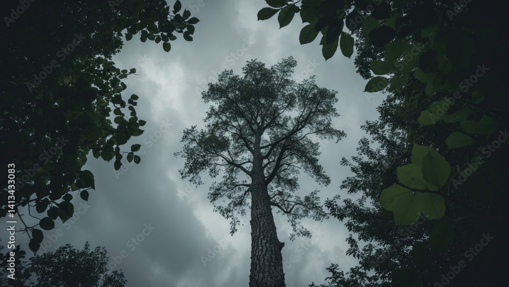 Aufkleber View from the base of a high tree showcasing its textured trunk and leafy branches against a gray sky.