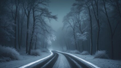 Fototapeta premium Magnificent frosty forest shrouded in mist. Expansive winter scenery. Dark tree outlines. Quietness, enigma, gothic themes.
