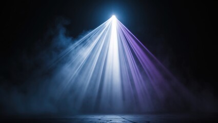 Wide lens light projection for films and cinema during the night. Smoke texture spotlight. Black background for multimedia purposes.