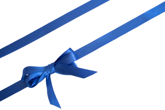 Pair of blue ribbons with a bow, for a gift. Transparent background, PNG format.