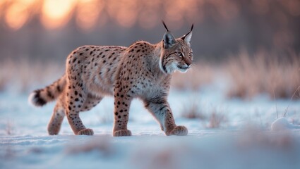 Obraz premium Lynx during a frosty sunrise. Young lynx navigates snowy terrain in a cold morning. Gorgeous wild cat in winter scenery. Predator in its habitat. Animal with orange-spotted fur.
