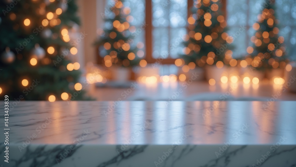 Aufkleber background of a marble table top with abstract warm living room decor, blurred tree string lights an