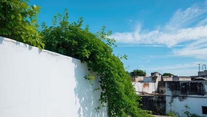 Fototapeta premium White wall featuring a backdrop of green leaves