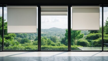 Naklejka premium White roller blinds or window curtains at the glass