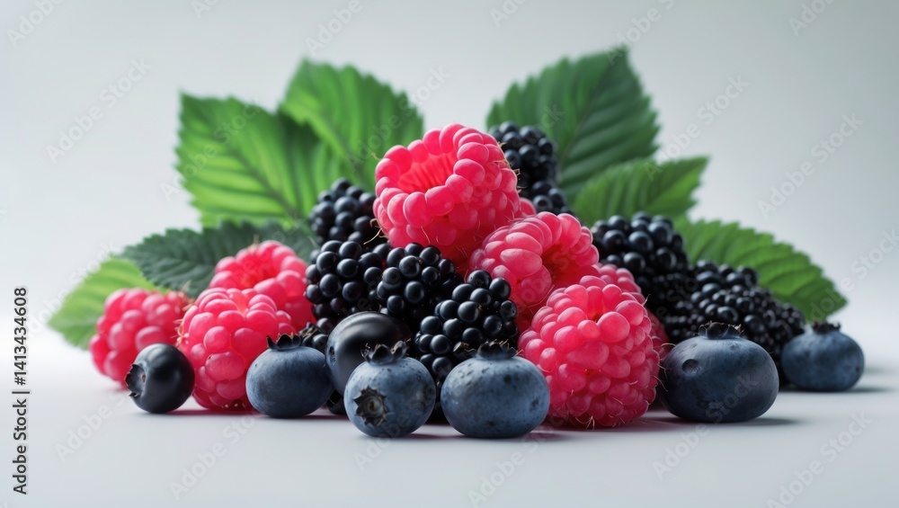 Poster mix of wild berries including raspberry, blueberries, and blackberries isolated on a background with