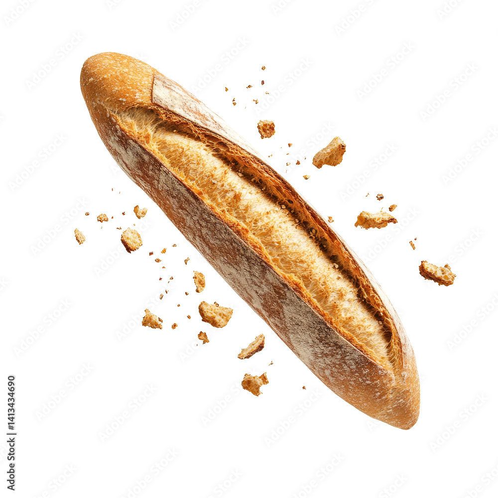 Poster fresh baguette with crumbs floating isolated on a transparent background, showcasing its crusty text