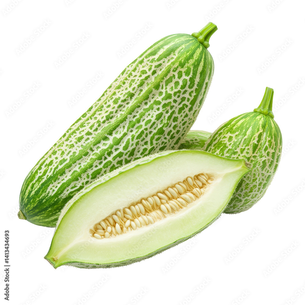Poster bitter melon with textured skin and crosssection displayed on a clean transparent background, bitter
